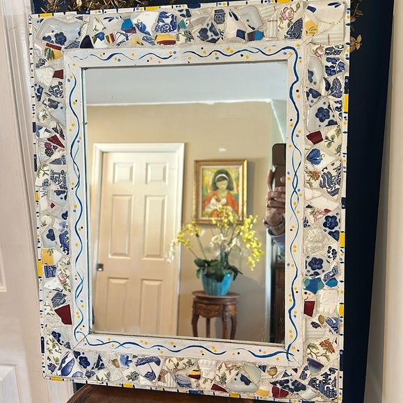 Hand Made Mosaic Rectangular Wall Accent Mirror Stain Glass 22” x 17.6” - Picture 1 of 7